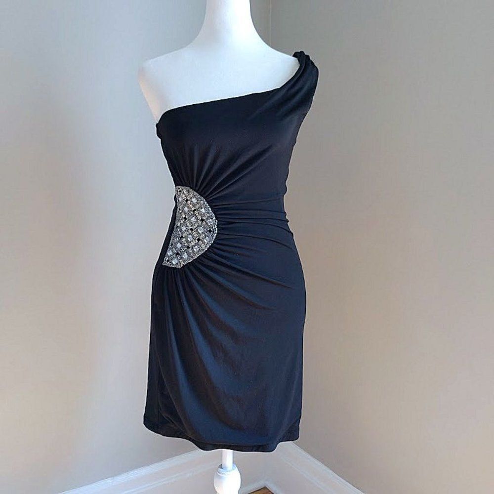 Vintage y2k Mini Dress One Shoulder Beaded Ruched Formal Cocktail Size S